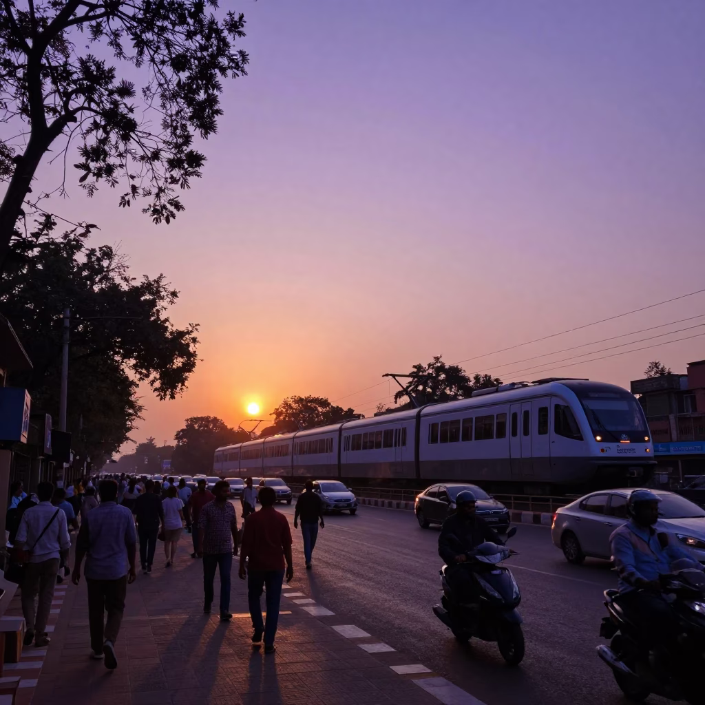 Busy Delhi Street Scene at Sunset with Monorail and Urban Activity in in Delhi, India