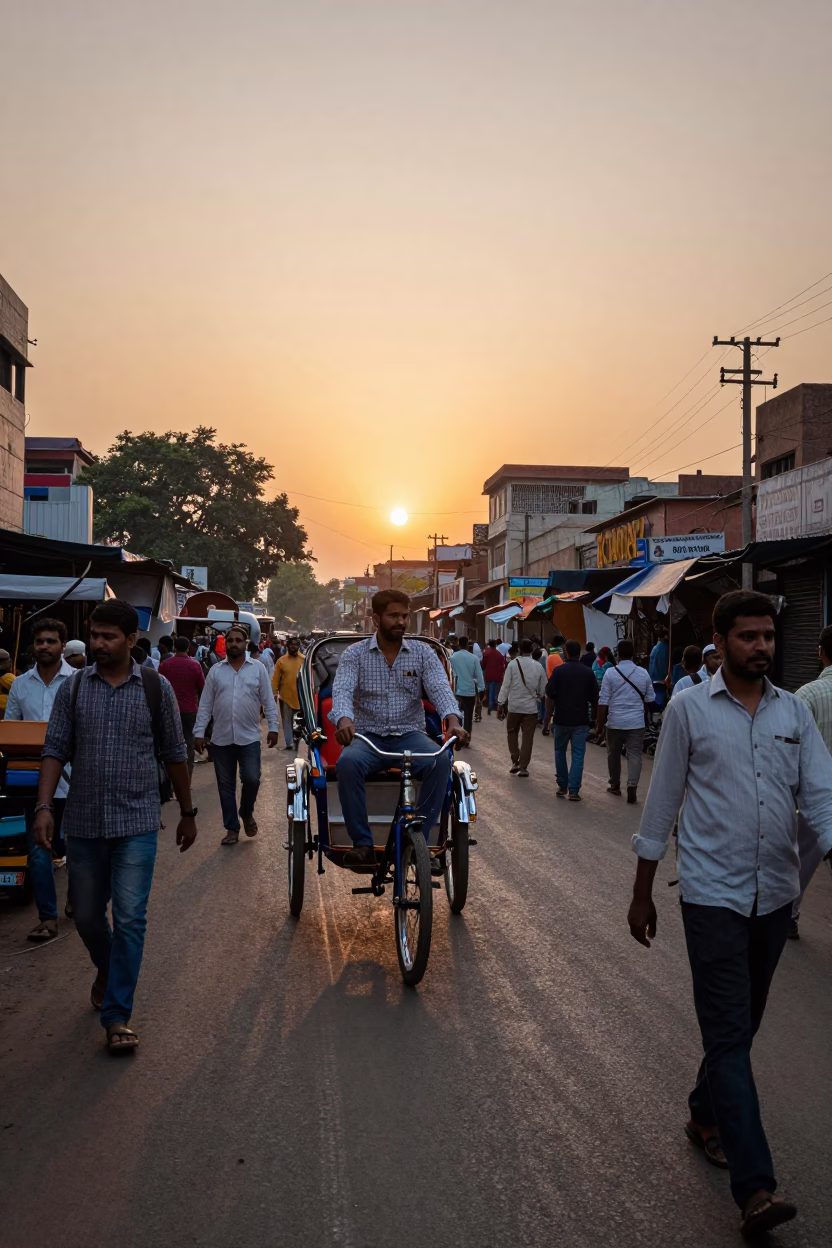 Busy Delhi Street Scene at Sunset with Rickshaw and Spice Market in in Delhi, India