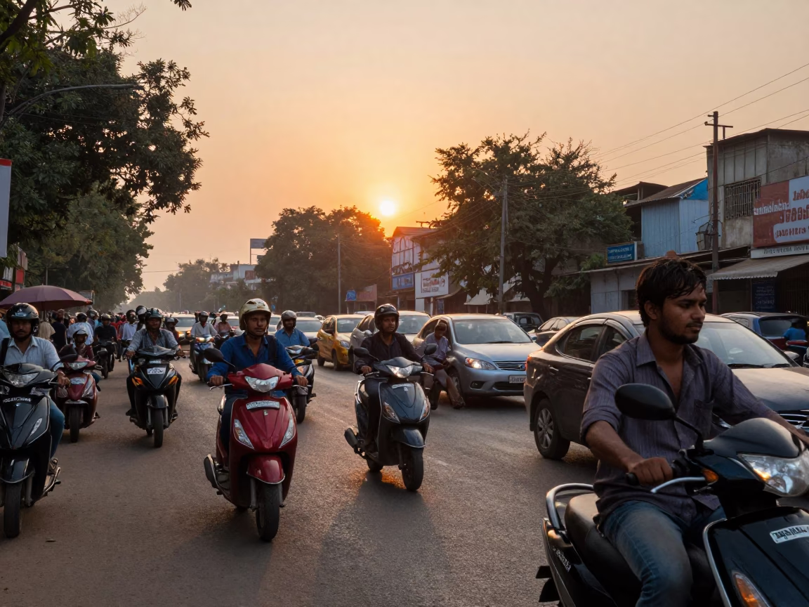 Busy Delhi Street Scene at Sunset with Scooter Riders and Dusty Railings in in Delhi, India