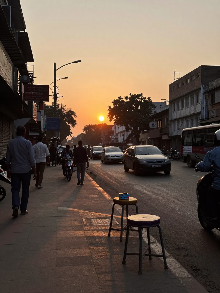 Busy Delhi Street Scene at Sunset with Stool and Clay Pot in in Delhi, India