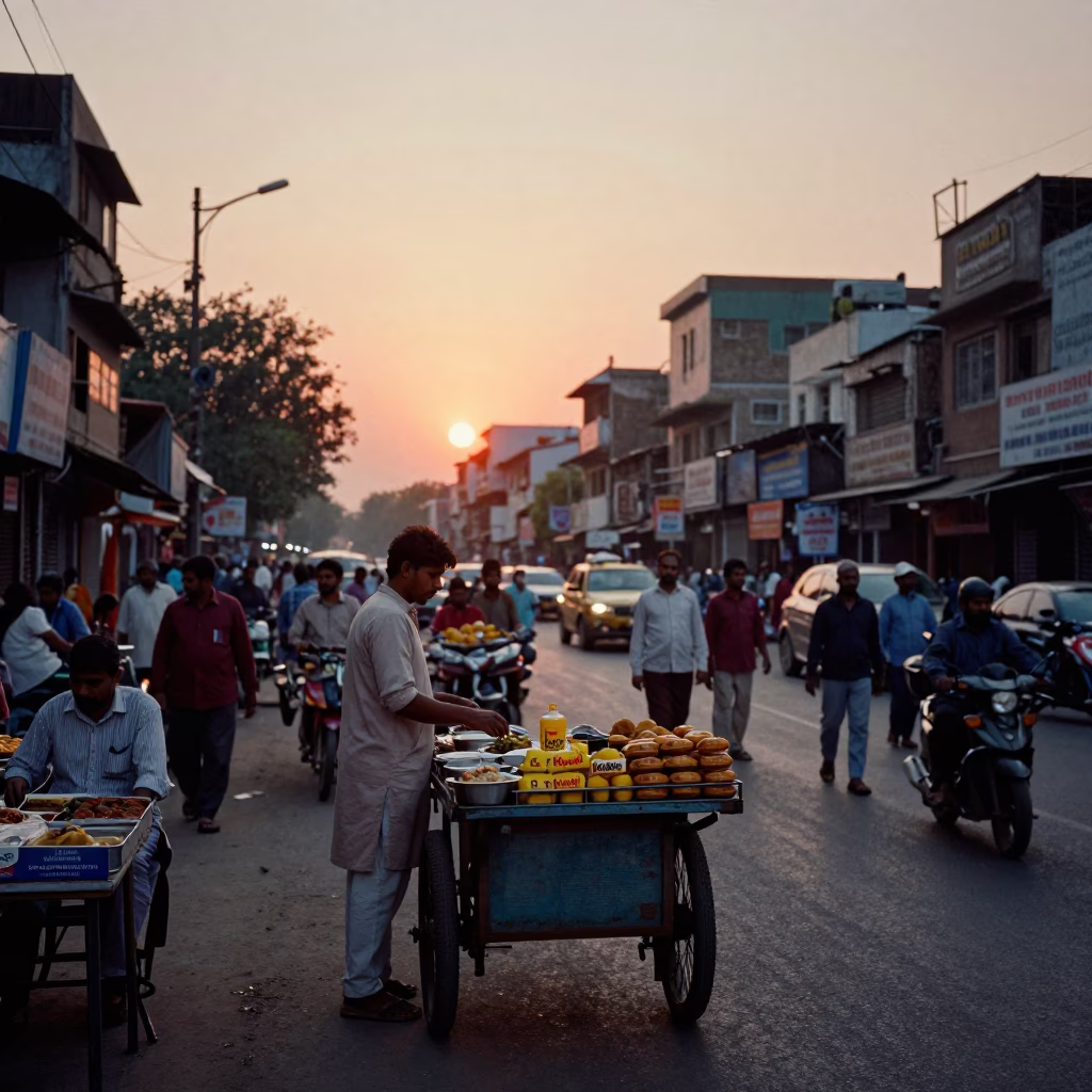 Busy Delhi Street Scene at Sunset with Traditional Food and Bicycle in in Delhi, India