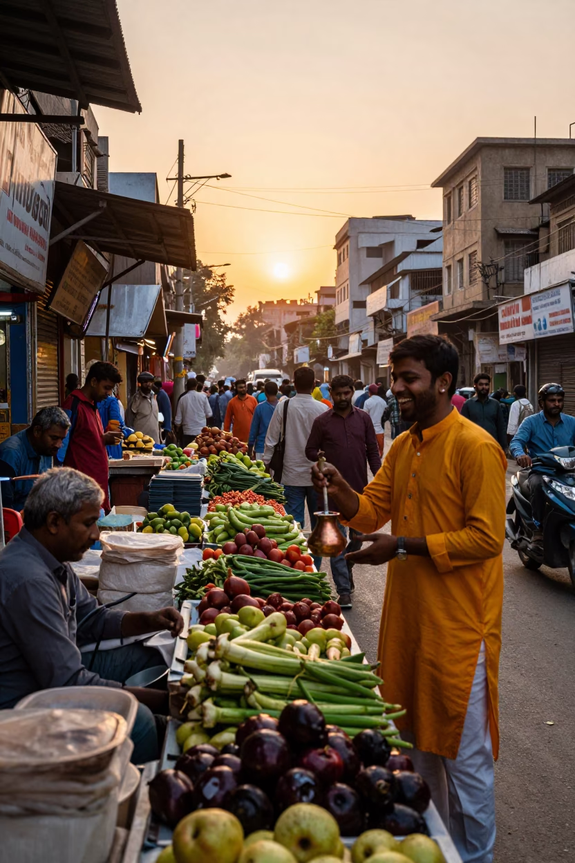 Busy Delhi Street Scene at Sunset with Vendor and Traditional Elements in in Delhi, India