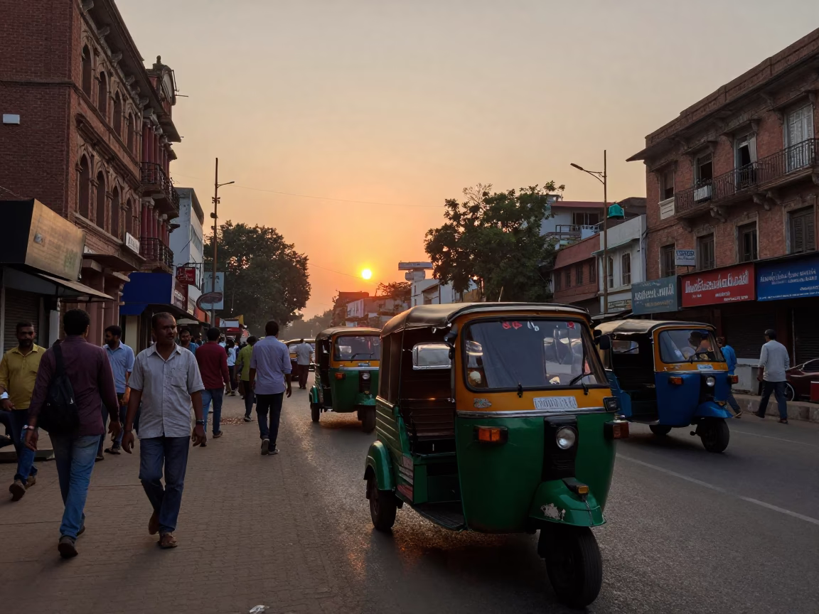 Busy Delhi Street Scene at Sunset with Vintage Auto Rickshaws and Pedestrians in in Delhi, India
