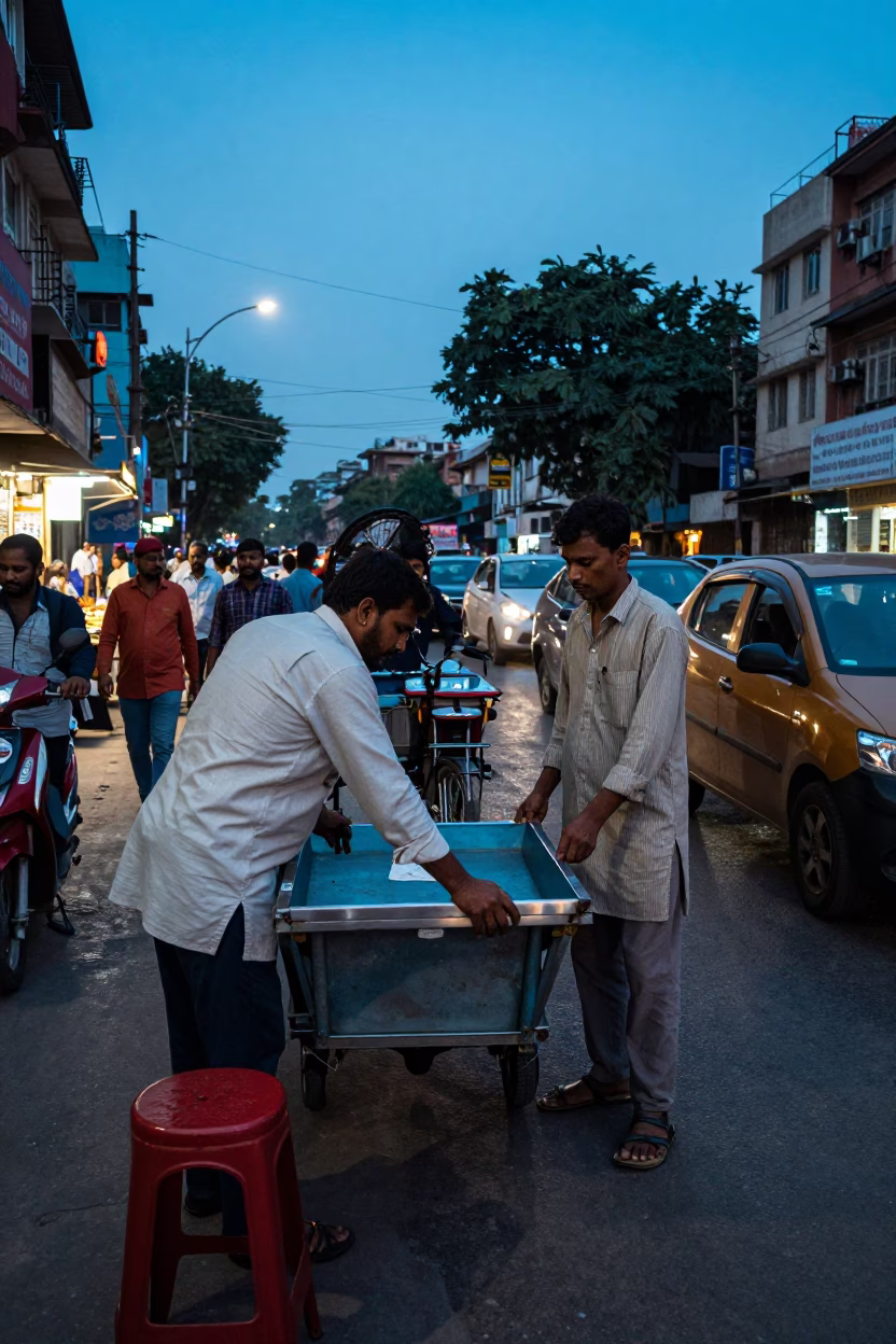 Busy Delhi Street Scene at Twilight with Stool and Brushed Steel Edge in in Delhi, India
