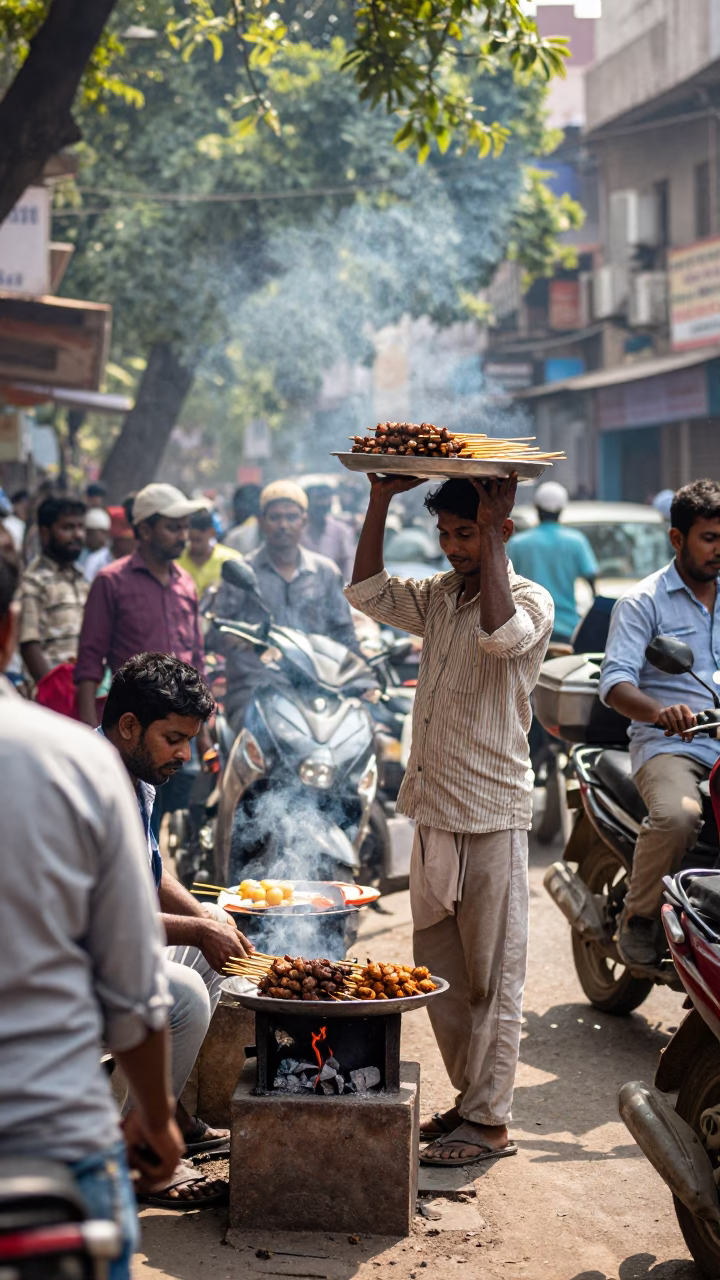 Busy Delhi Street Scene in Bright Midmorning Light with Local Commerce and Daily Life in in Delhi, India