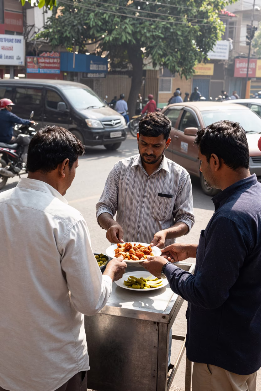 Busy Delhi Street Scene in Bright Midmorning Light with Local Vendor and Pedestrians in in Delhi, India