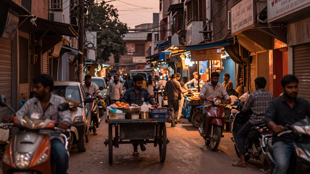 Busy Delhi Street Scene in Copper Dusk Light with Twine Fibers and Candle Holder in in Delhi, India