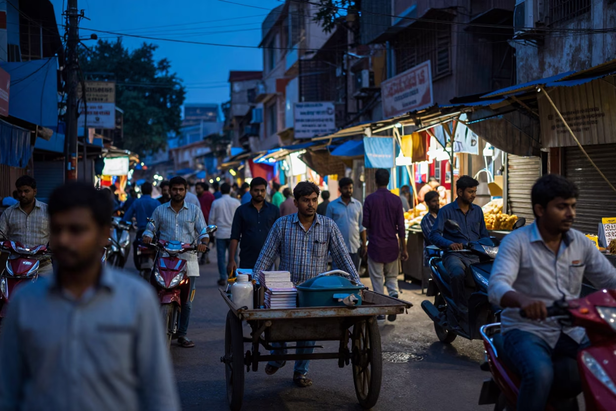 Busy Delhi Street Scene in Evening Blue Light with Vendors and Pedestrians in in Delhi, India