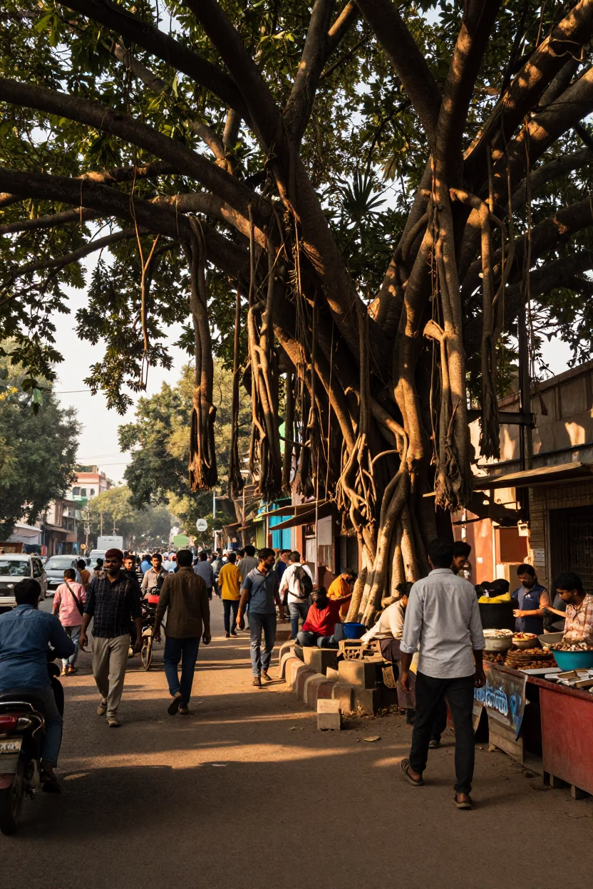 Busy Delhi Street Scene in Honeyed Evening Light with Banyan Tree and Local Activity in in Delhi, India