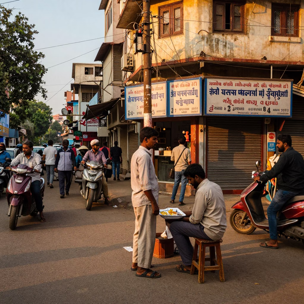 Busy Delhi Street Scene in Honeyed Evening Light with Kites and Tea Towels in in Delhi, India