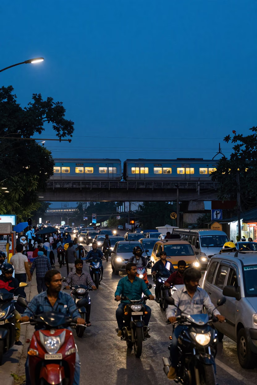 Busy Delhi Street Scene in Indigo Twilight with Commuter Train Crossing Bridge in in Delhi, India