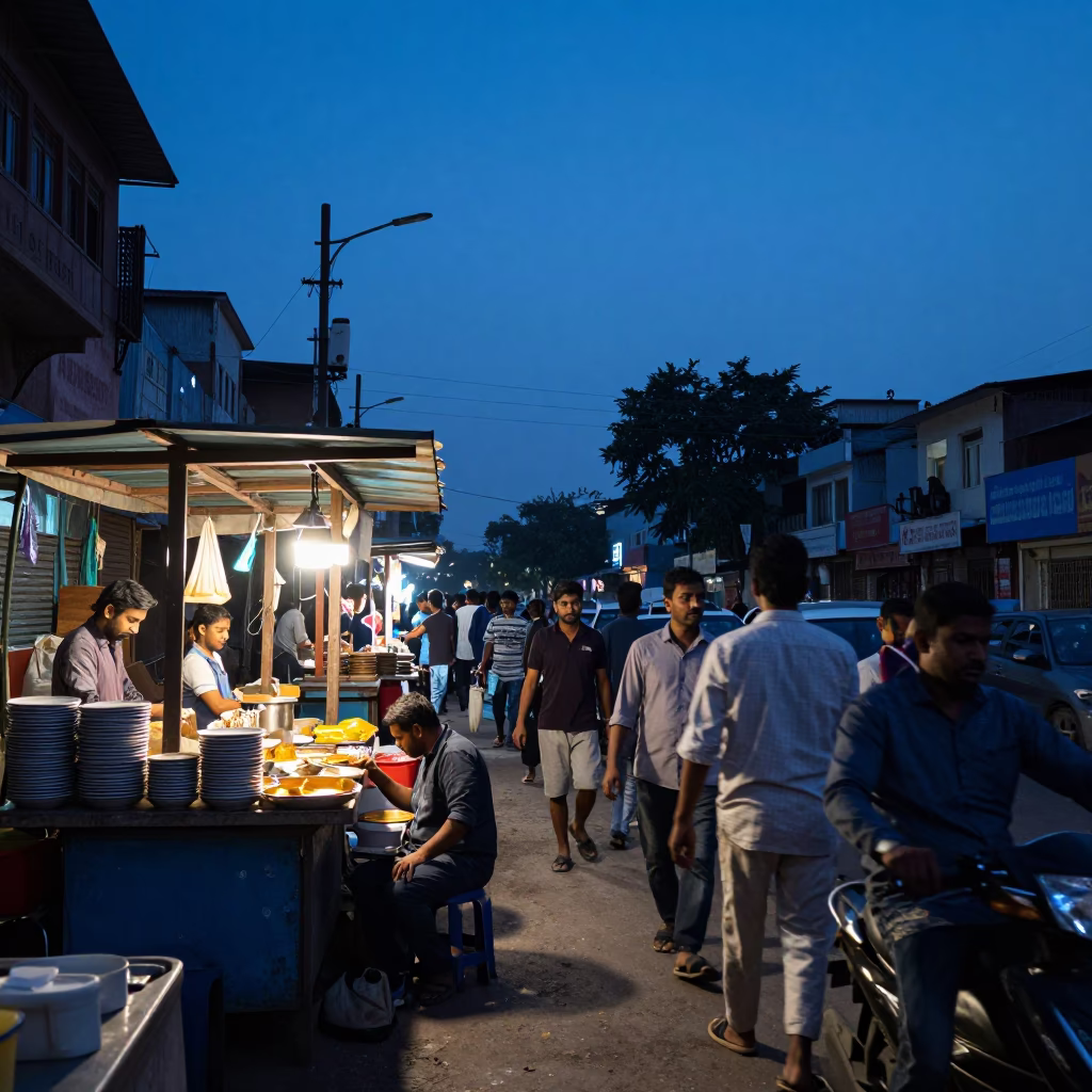 Busy Delhi Street Scene in Indigo Twilight with Kitchen Utensils and Urban Life in in Delhi, India