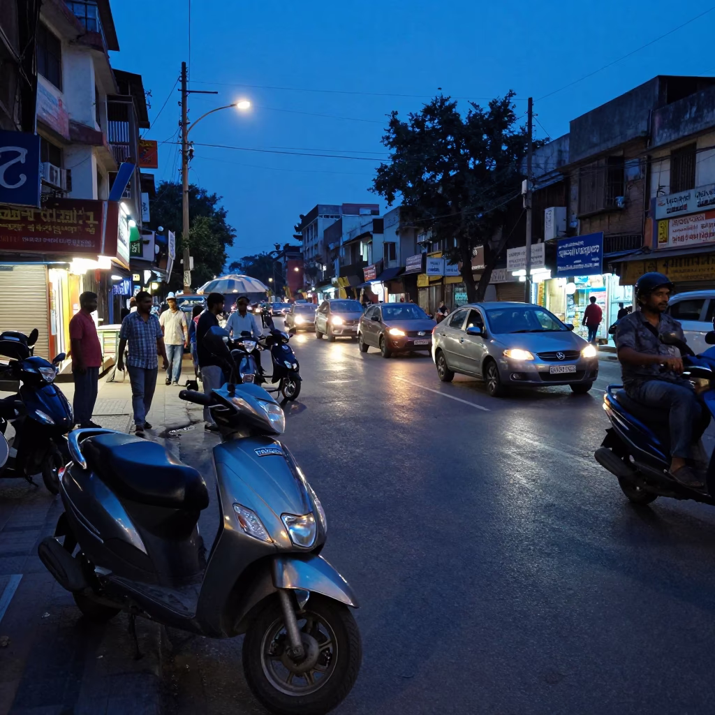 Busy Delhi Street Scene in Indigo Twilight with Scooter and Colorful Shopfronts in in Delhi, India
