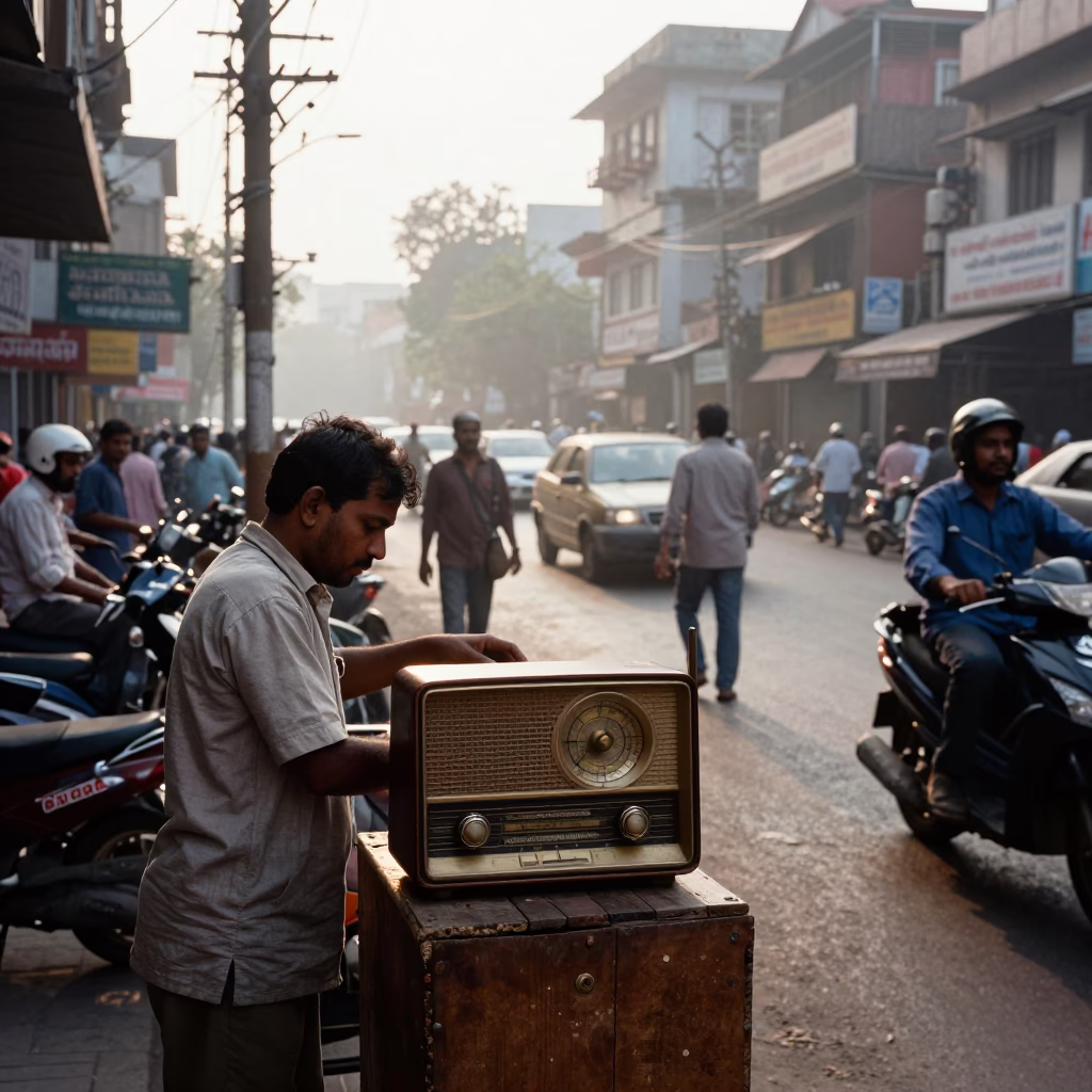 Busy Delhi Street Scene Just After Sunrise with Vintage Radio in in Delhi, India