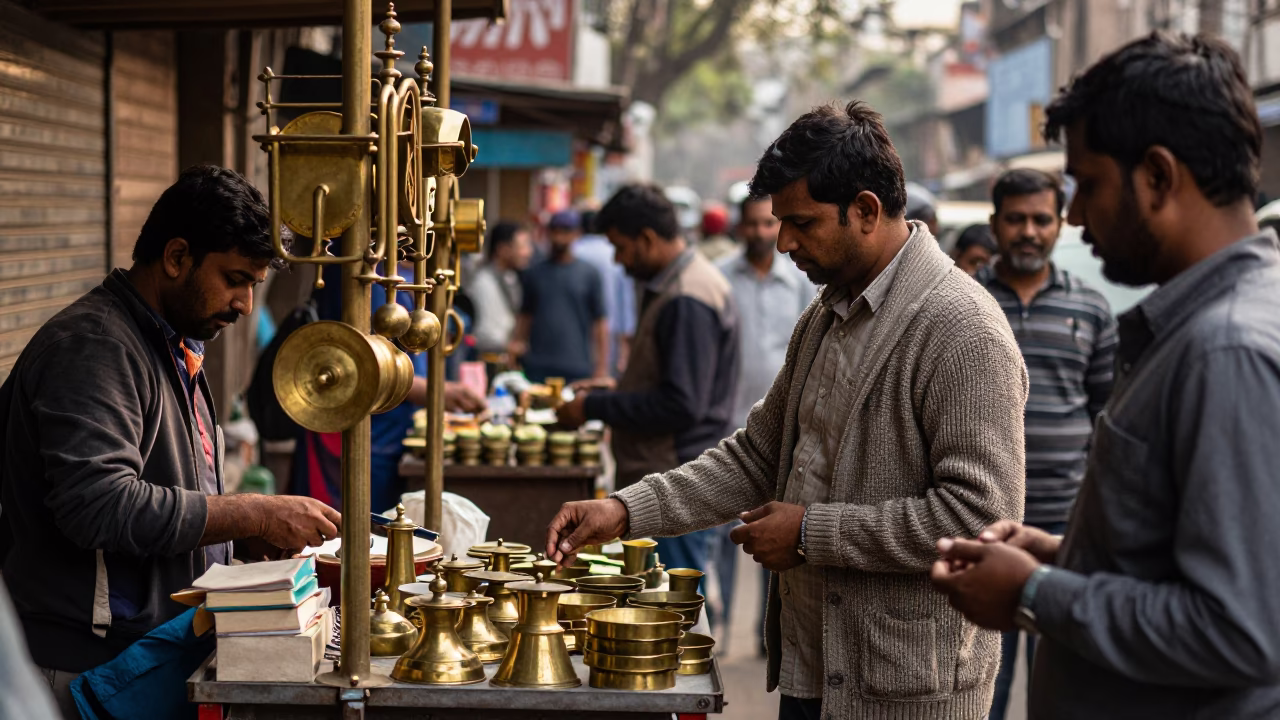 Busy Delhi Street Scene Late Afternoon with Brass Hardware and Cardigans in in Delhi, India