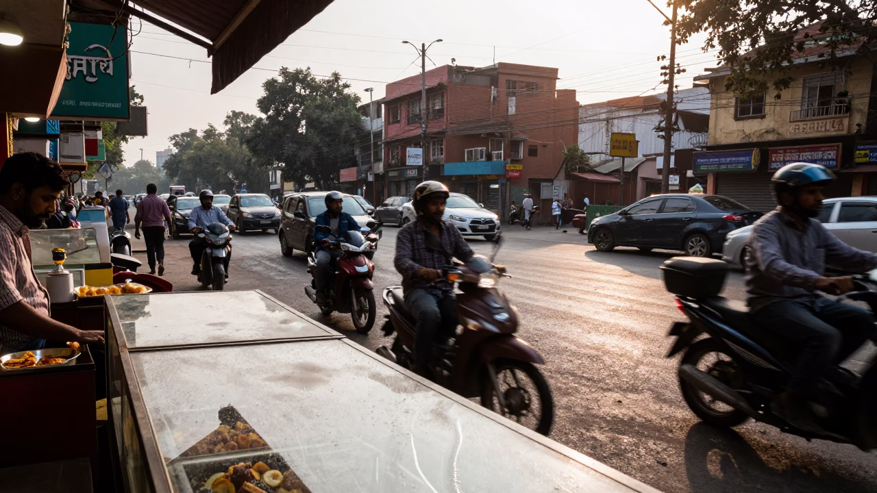 Busy Delhi Street Scene Late Afternoon with Condensation on Glass and Vibrant Colors in in Delhi, India