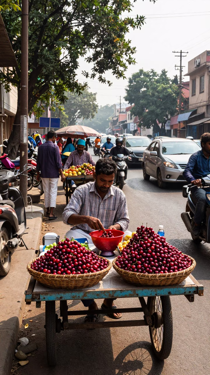 Busy Delhi Street Scene Late Morning with Fruit Vendor and Classic Bus in in Delhi, India