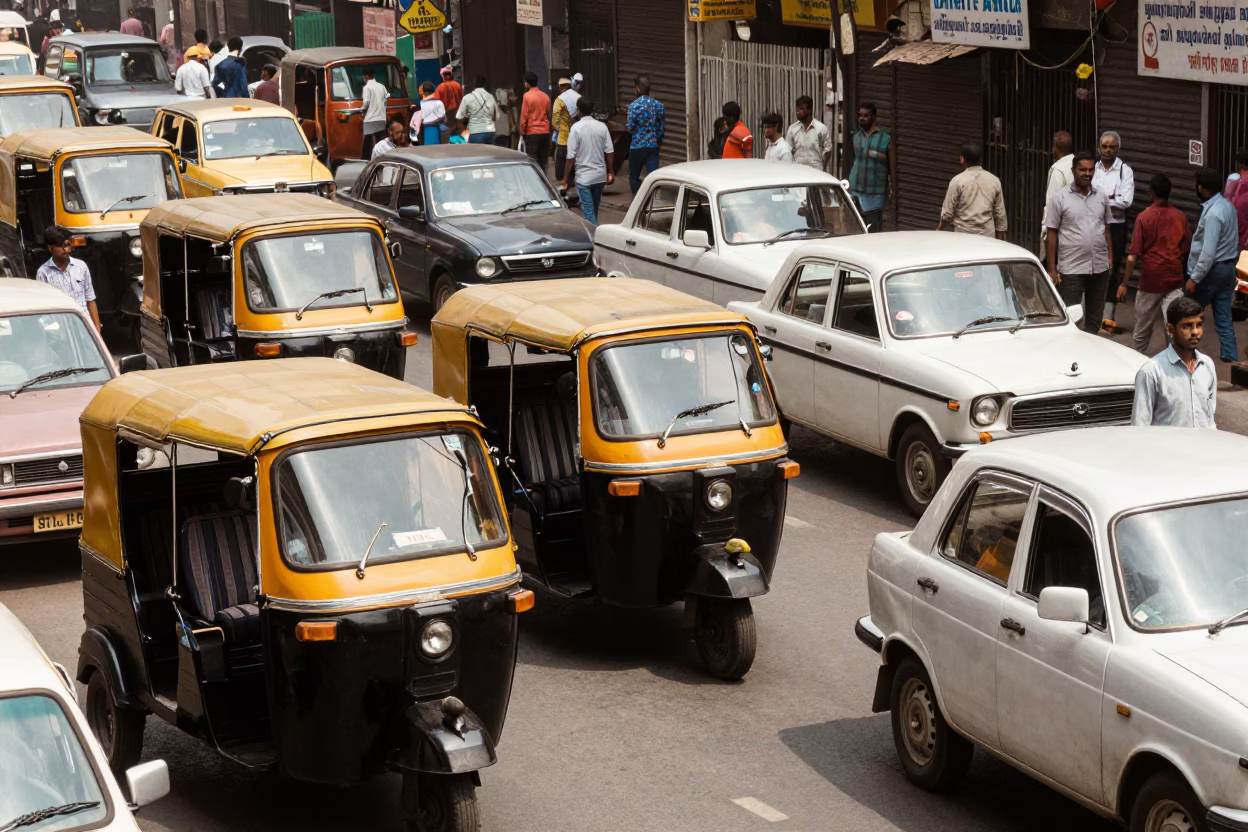 Busy Delhi Street Scene Midday Traffic and Auto Rickshaws in India in in Delhi, India
