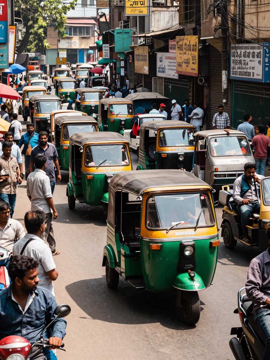 Busy Delhi Street Scene Midday with Auto Rickshaw and Local Market Activity in India in in Delhi, India