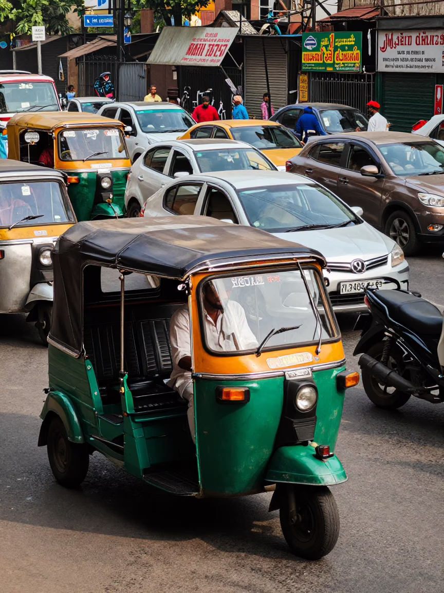Busy Delhi Street Scene Midday with Auto Rickshaw and Pedestrians in in Delhi, India