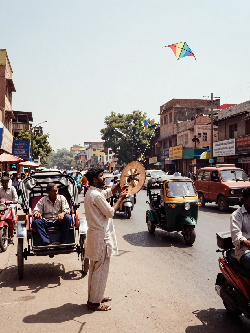 Busy Delhi Street Scene Midday with Kite Reel and Local Market Activity in in Delhi, India