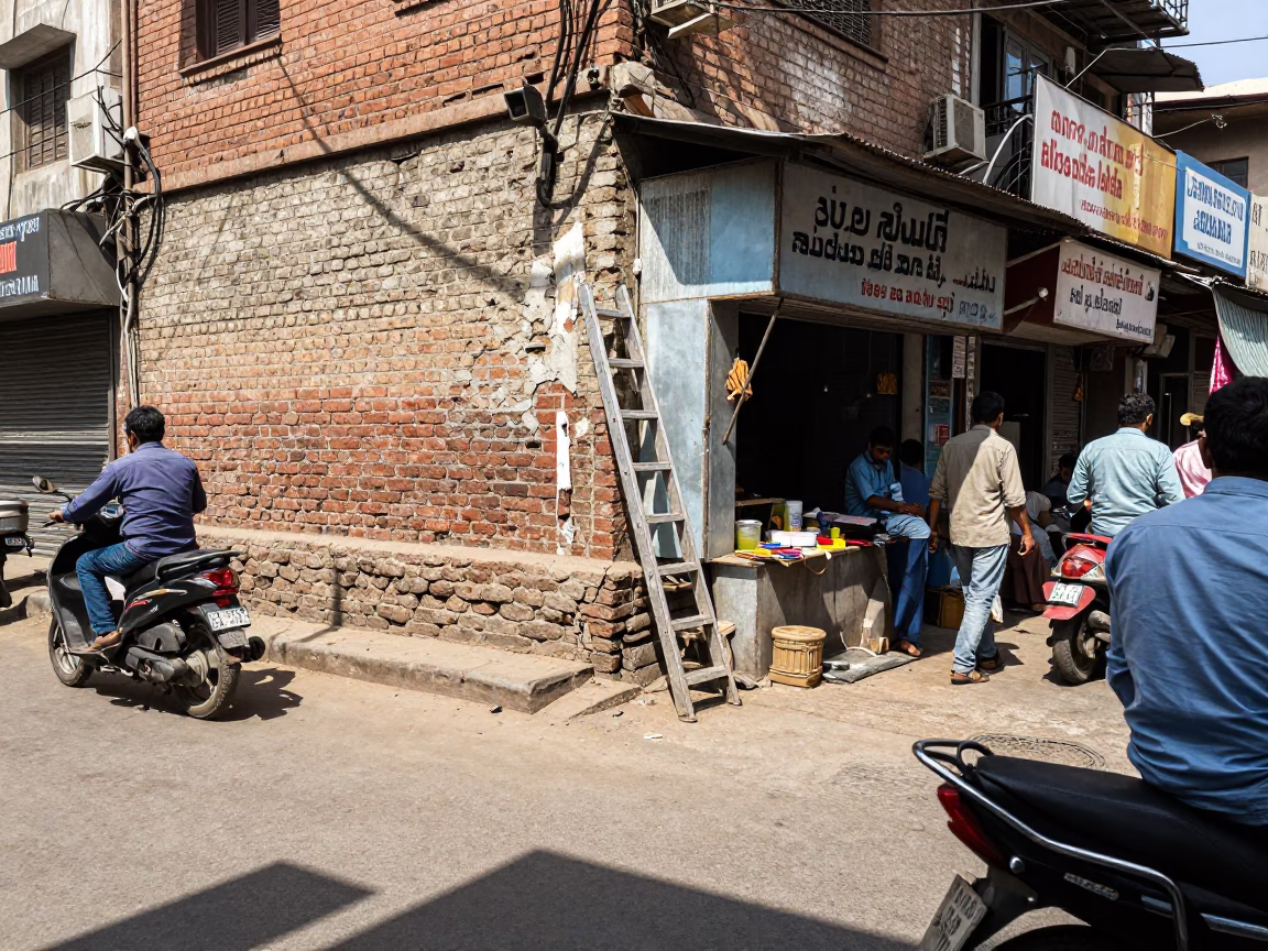 Busy Delhi Street Scene Under Flat Noon Glare with Step Ladder and Iris Blossoms in in Delhi, India