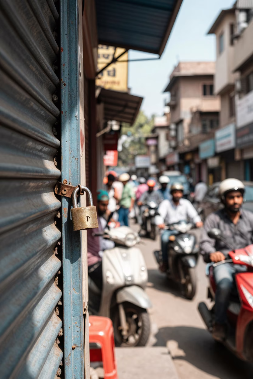 Busy Delhi Street Scene Under Noon Glare with Padlock and Window Box in in Delhi, India