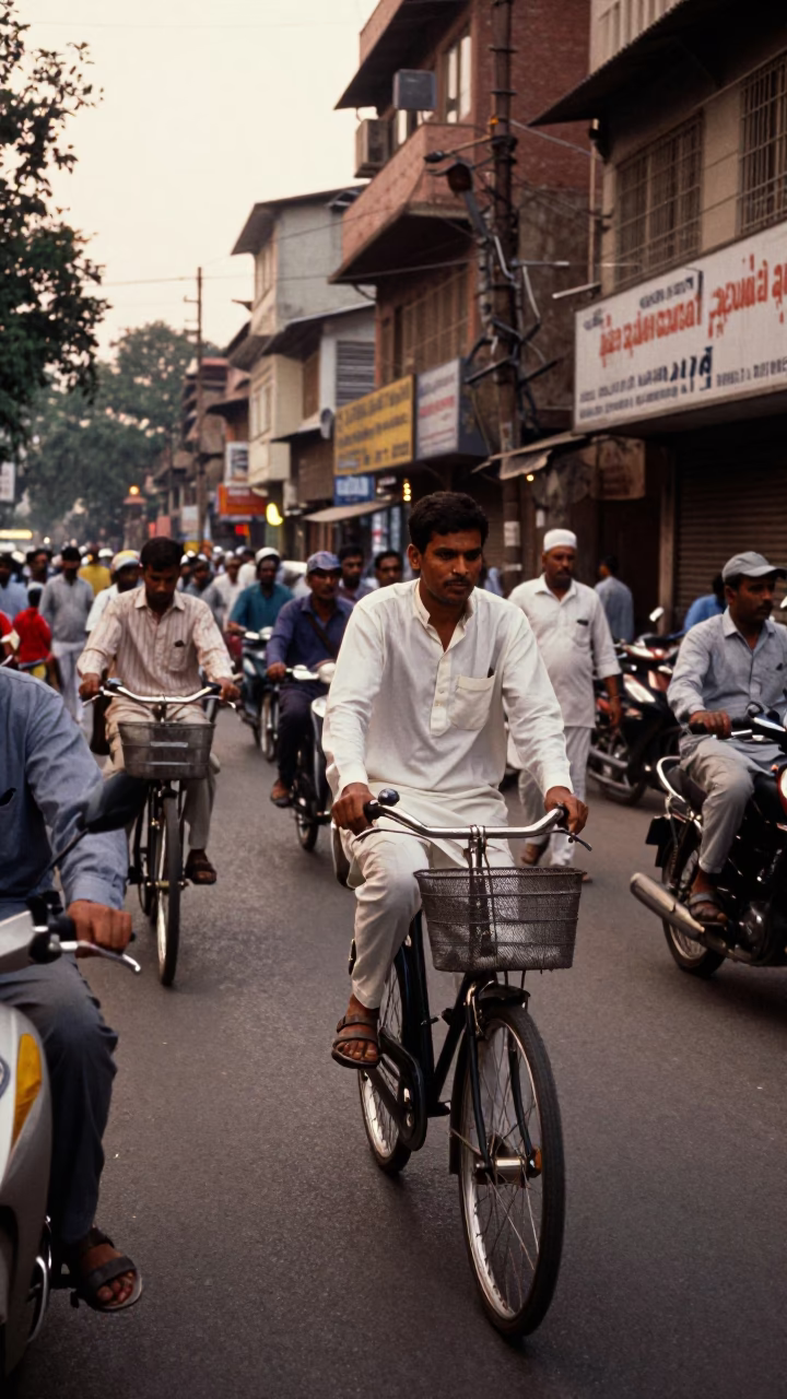 Busy Delhi Street Scene with Bicycle Basket and Evening Light in India in in Delhi, India