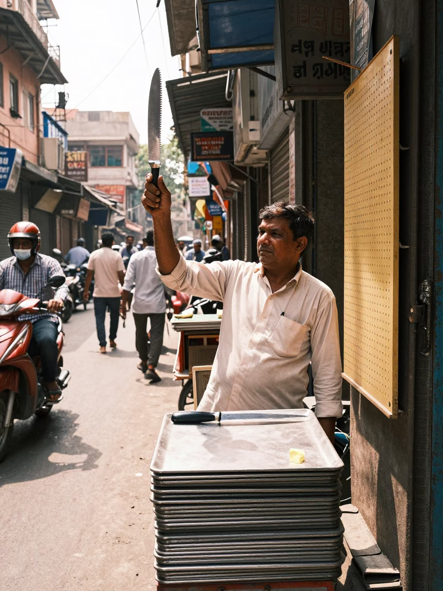 Busy Delhi Street Scene with Butter Knife and Pegboard Hook in Bright Midmorning Light in in Delhi, India