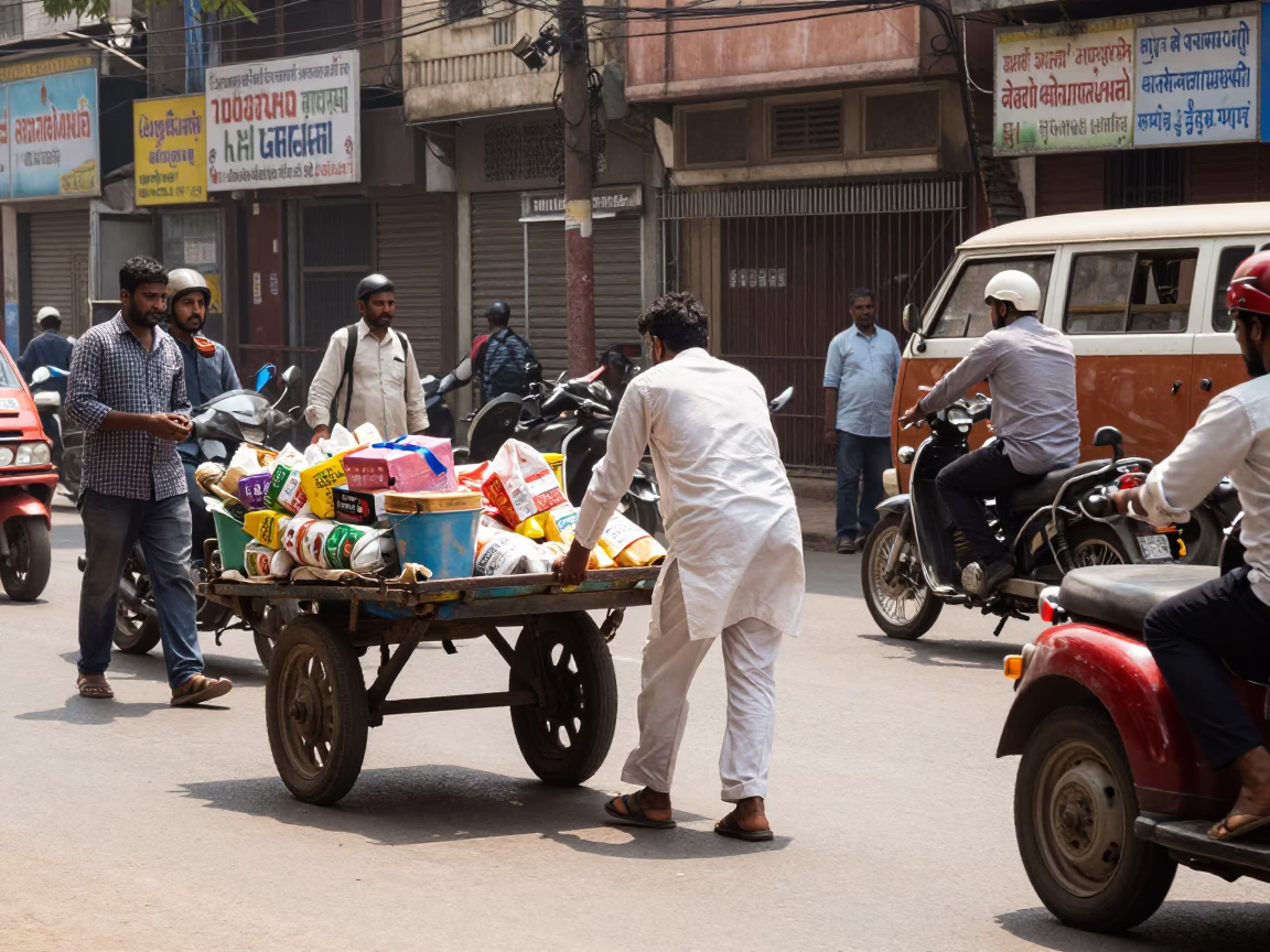 Busy Delhi Street Scene with Metal Bucket and Vintage 1970s Atmosphere in in Delhi, India