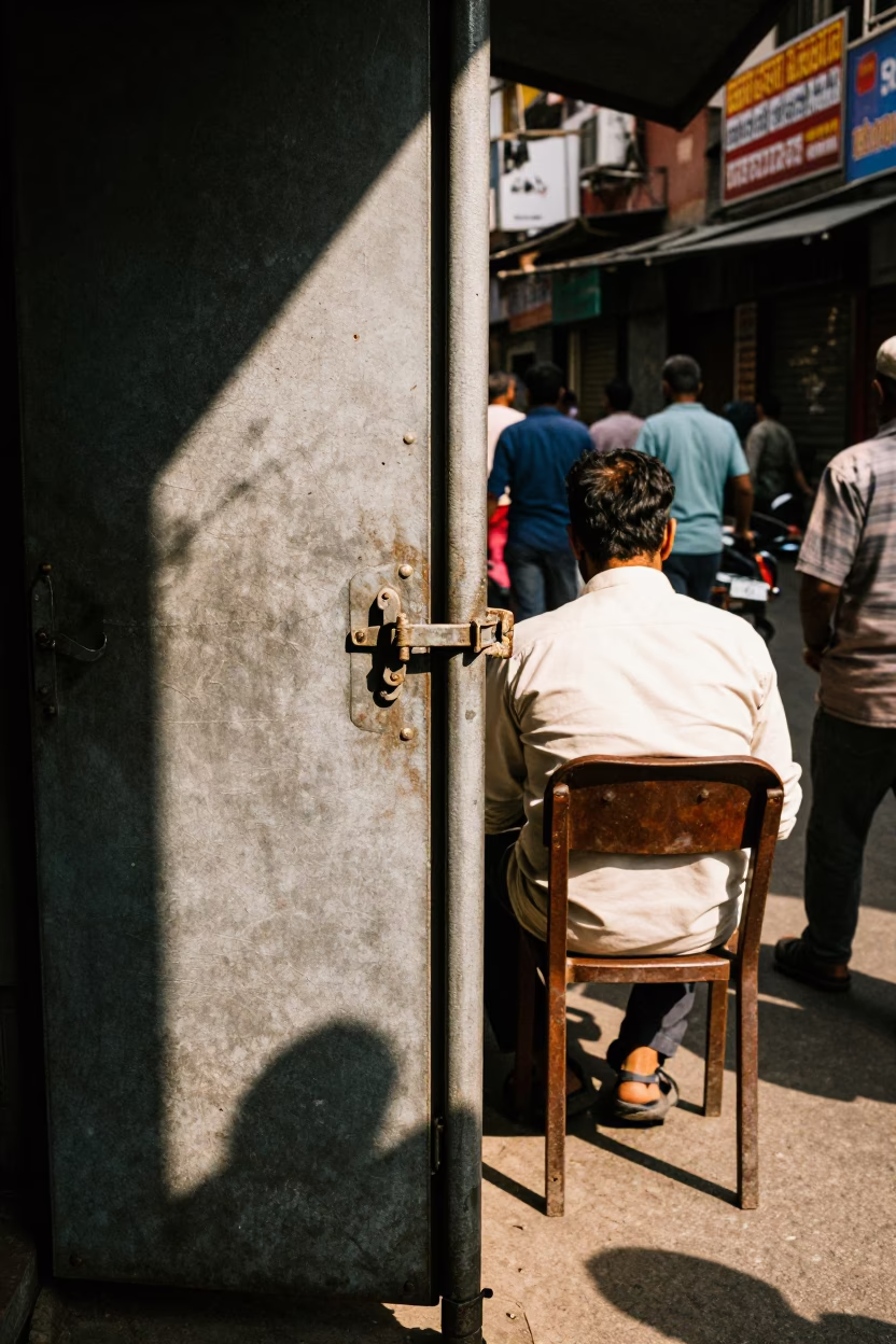 Busy Delhi Street Scene with Metal Latch and Chair in Early Afternoon Light in in Delhi, India