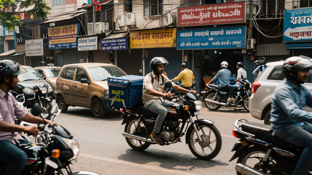 Busy Delhi Street Scene with Motorcycle and Shopfront in Bright Midmorning Light in in Delhi, India