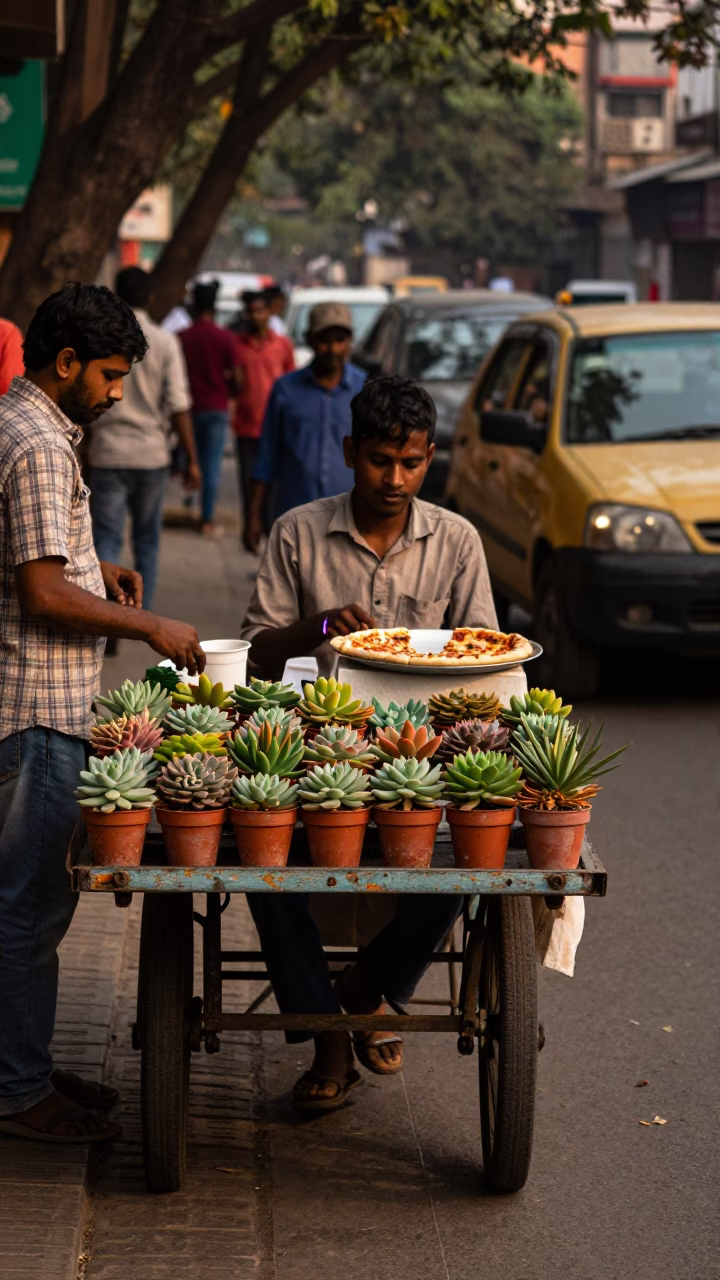 Busy Delhi Street Scene with Succulents and Pizza in Honeyed Evening Light in in Delhi, India