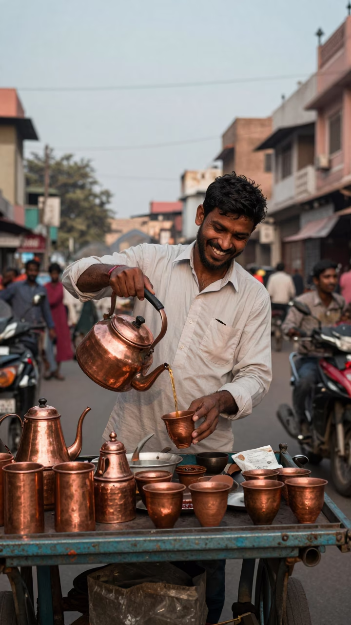 Busy Delhi Street Scene with Tea Kettle and Copper Dusk Light in in Delhi, India