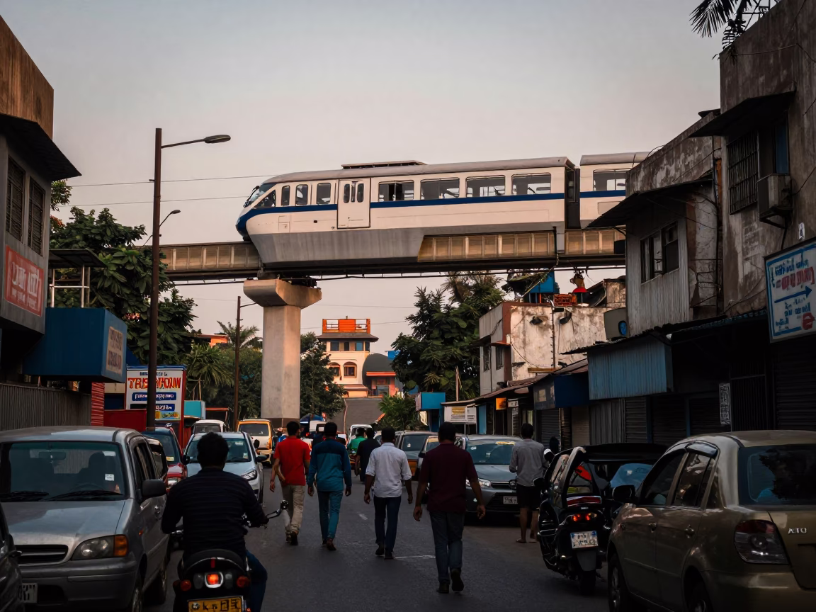 Busy Delhi Street Scene with Tiffin Tin and Monorail at Early Evening Blue Hour in in Delhi, India