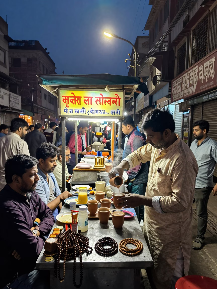 Busy Delhi Street Stall After Dark With Prayer Beads And Folding Chair in in Delhi, India