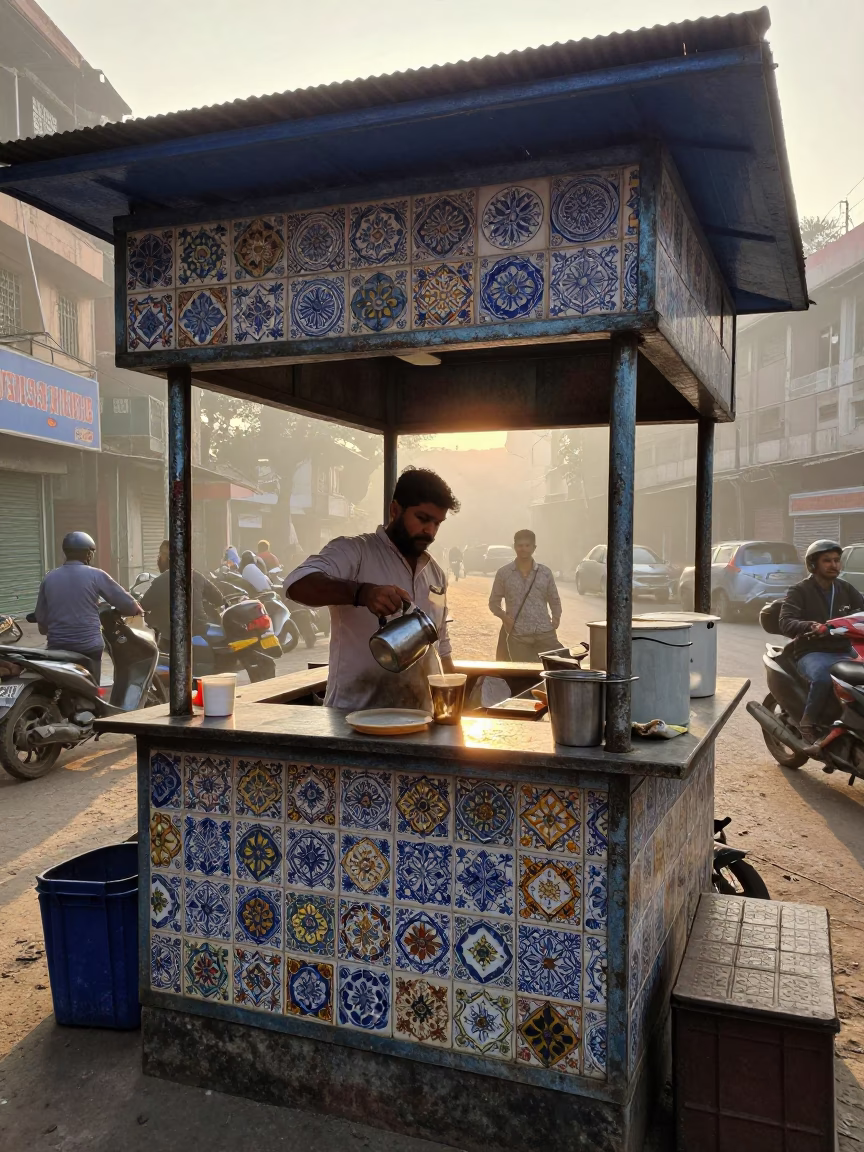 Busy Delhi Street Stall at Dawn with Ceramic Tiles and Metal Stools in in Delhi, India