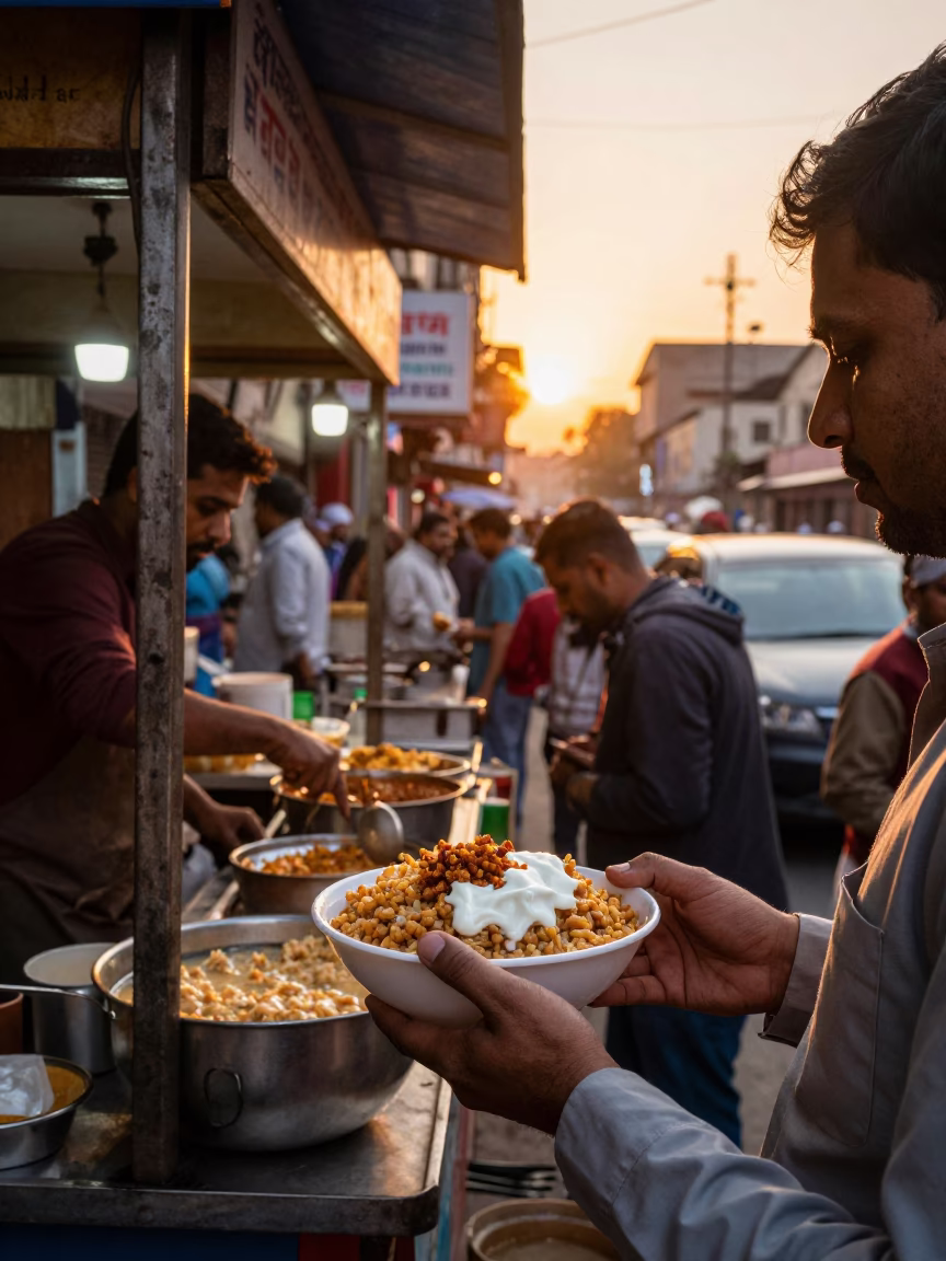 Busy Delhi Street Stall at Sunset Serving Fatteh Bowl with Pine Nuts in in Delhi, India