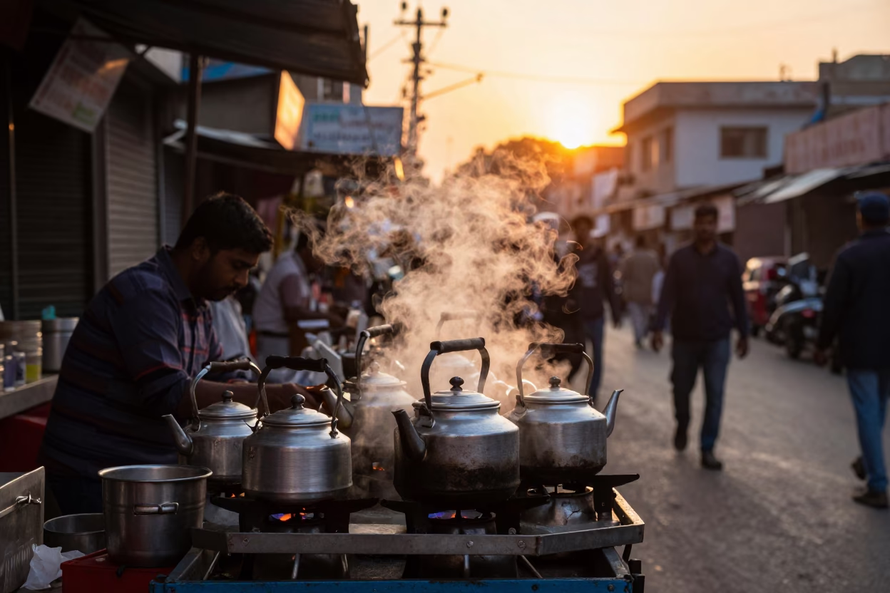 Busy Delhi Street Stall at Sunset with Tea Kettles and Local Customers in in Delhi, India
