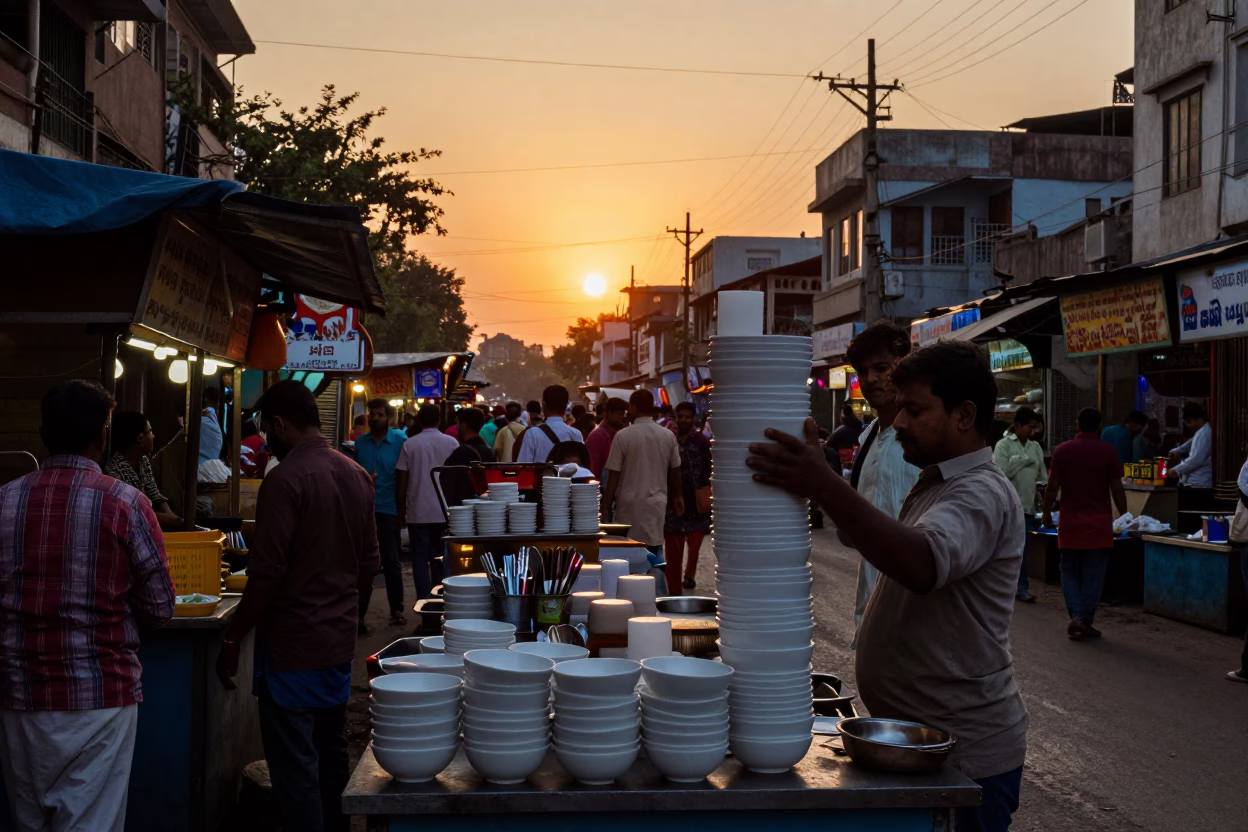 Busy Delhi Street Stall at Sunset with Utensil Crocks and Enamel Pitcher in in Delhi, India