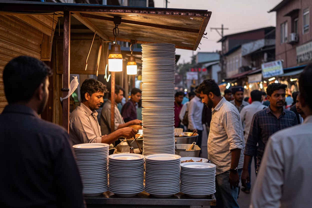 Busy Delhi Street Stall Before Dusk with Stacked Plates and Local Life in in Delhi, India