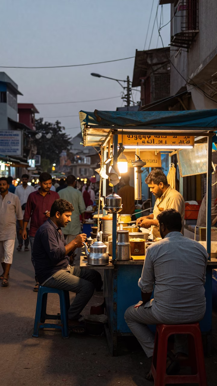 Busy Delhi Street Stall Early Evening with Tea Kettle and Fig Tree in in Delhi, India