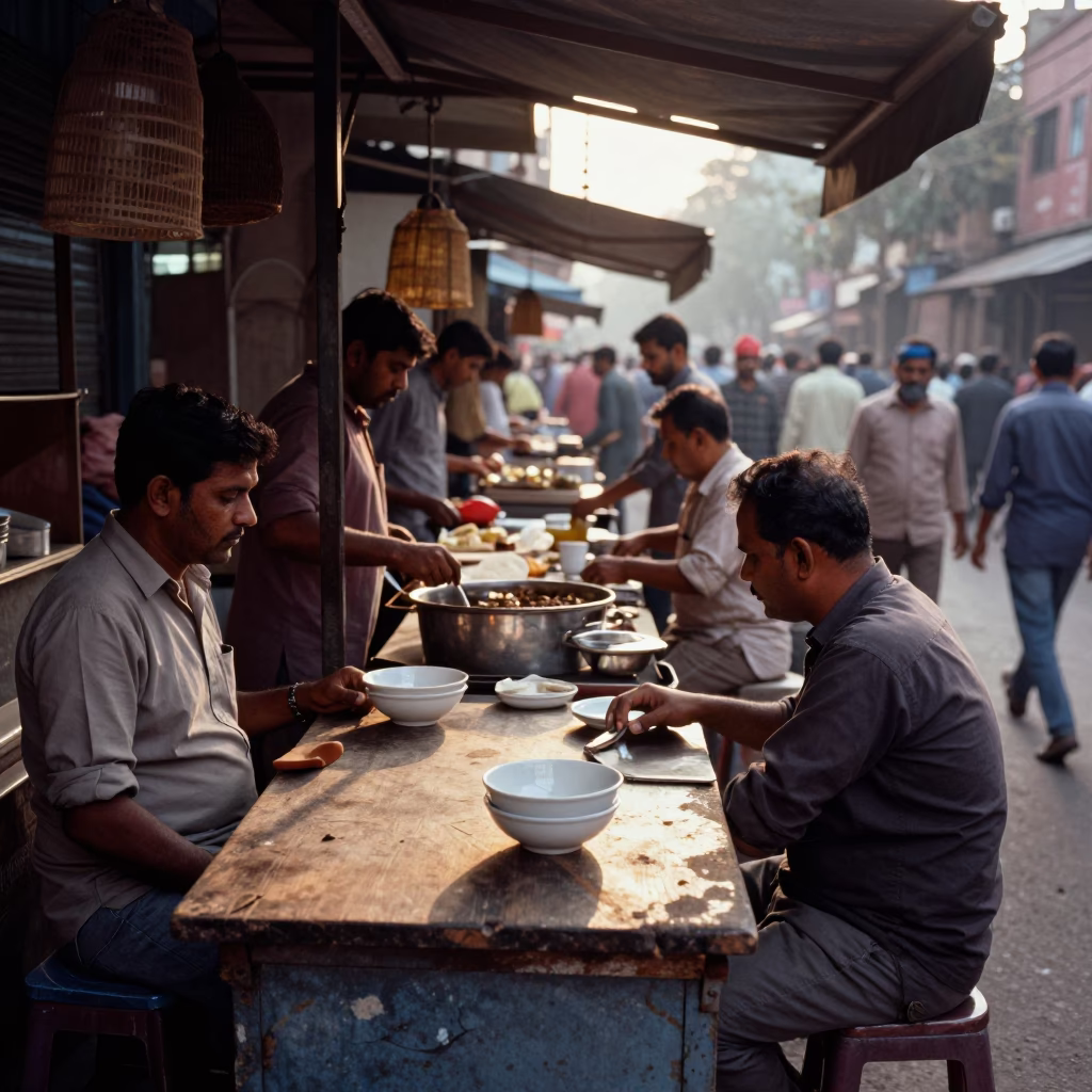 Busy Delhi Street Stall in Late Afternoon Light with Brass Handles and Blue Porcelain in in Delhi, India