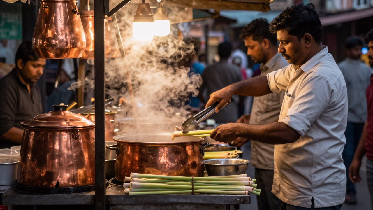 Busy Delhi Street Stall with Cutlery and Lemongrass in Copper Dusk Light in in Delhi, India
