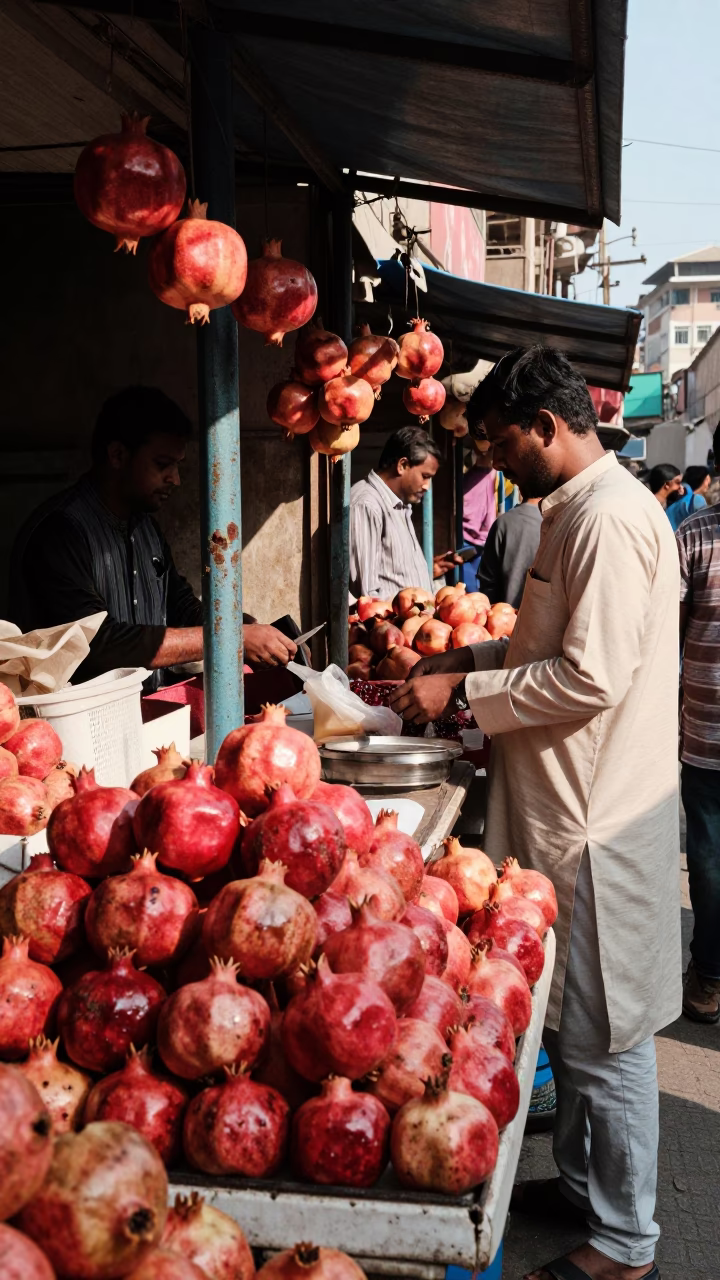 Busy Delhi Street Stall with Pomegranates and Local Customers in Early Afternoon in in Delhi, India