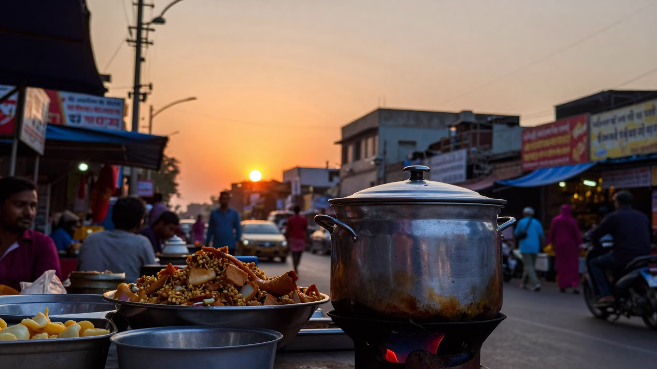 Busy Delhi Street Sunset Scene with Colorful Vendors and Local Life in in Delhi, India