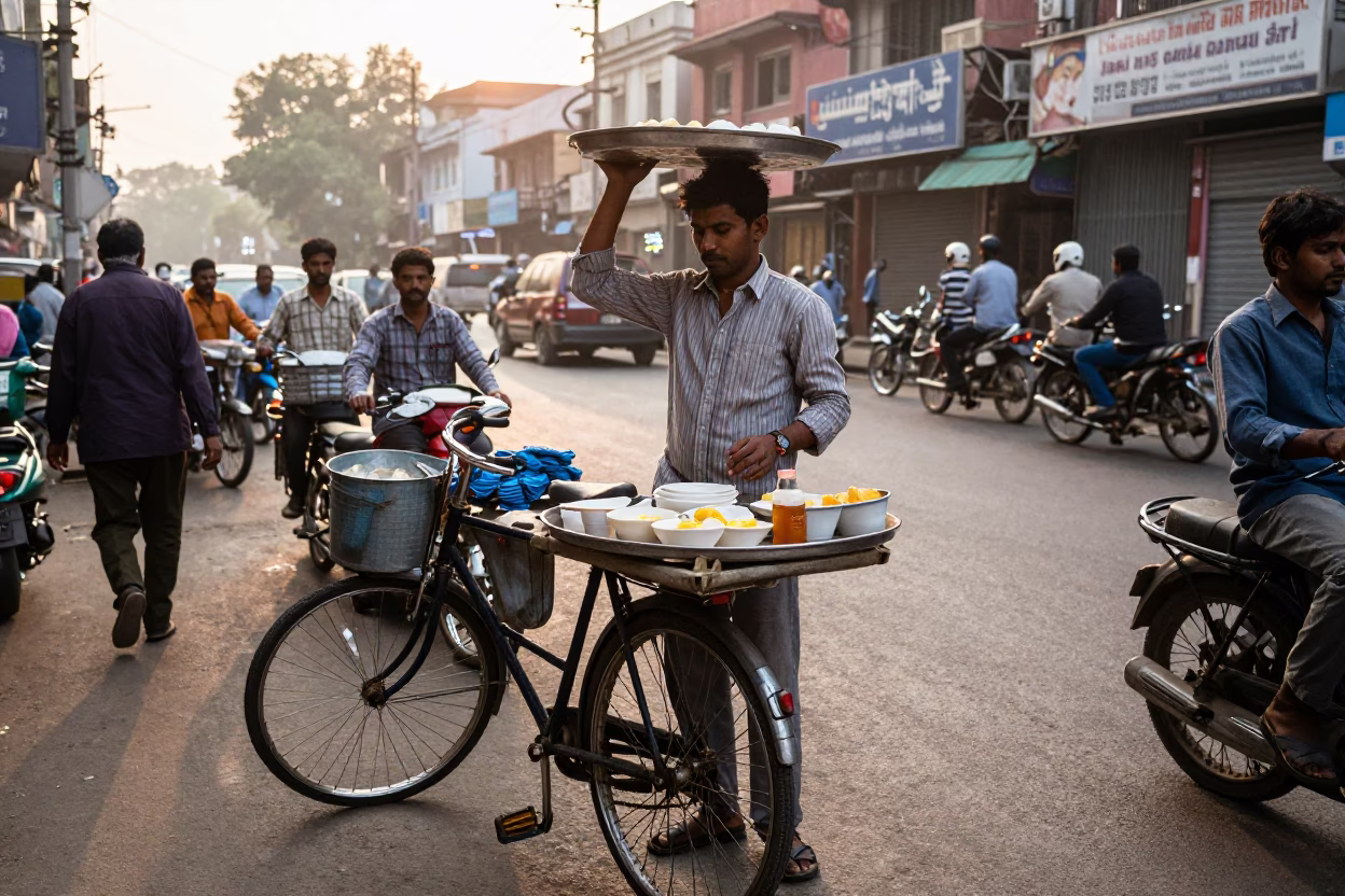 Busy Delhi Street Vendor Pre-Dawn Dawn Light with Metal Tray and Bicycle in in Delhi, India