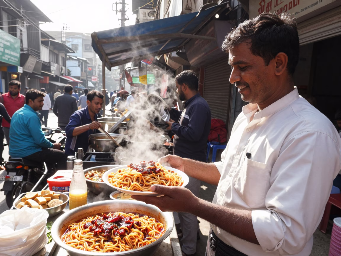 Busy Delhi Street Vendor Serving Spicy Bibim Guksu and Dal in Bright Midmorning Light in in Delhi, India