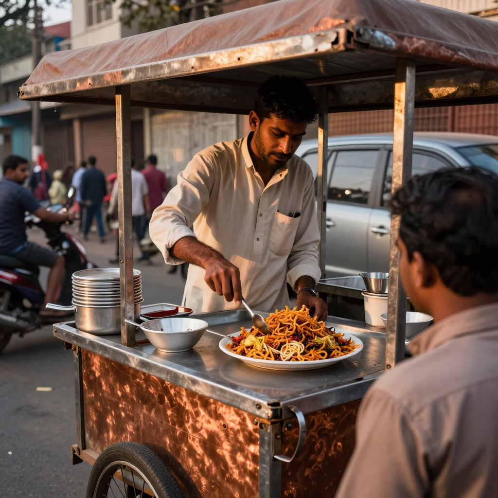 Busy Delhi Street Vendor Serving Spicy Koshari with Crispy Onions in Copper Dusk Light in in Delhi, India