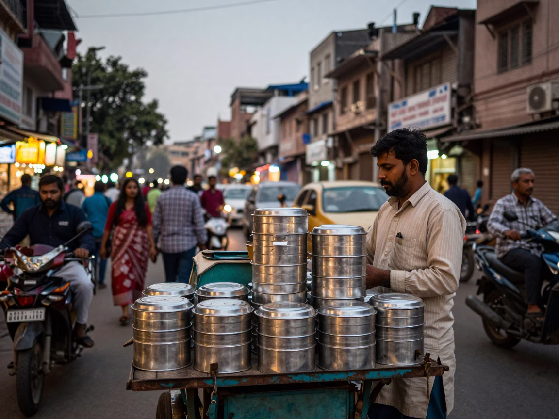 Busy Delhi Street Vendor with Tiffin Tin at Dusk Near Traditional Architecture in in Delhi, India